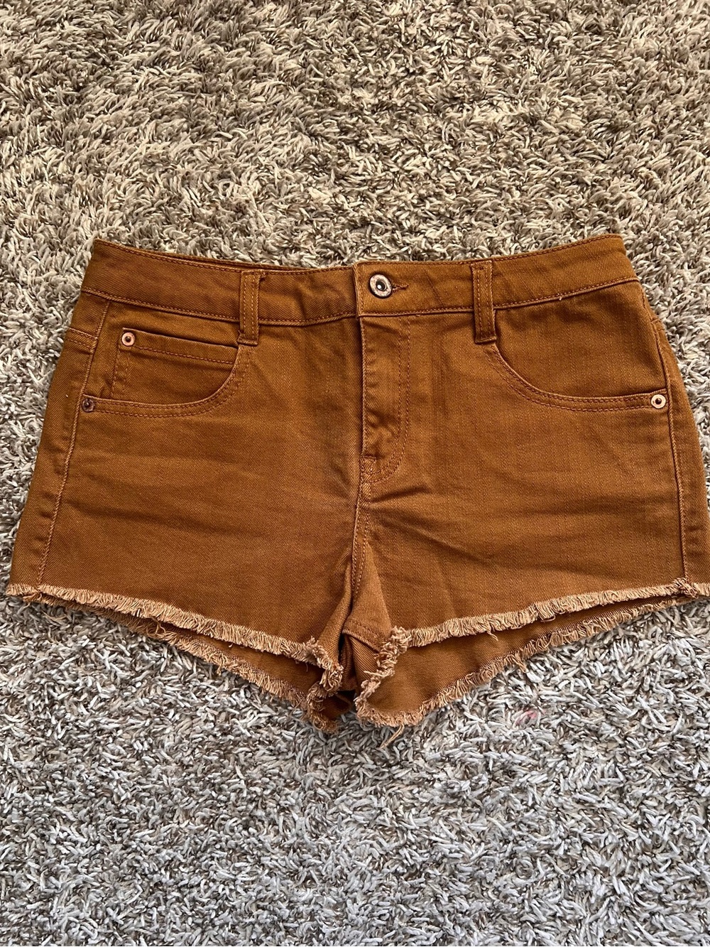 Forever 21 Rust Brown-Colored Frayed Hem Denim Shorts
